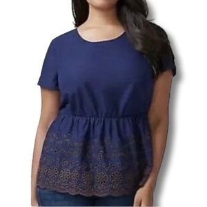 Lane Bryant Navy Blue Eyelet Peplum Blouse